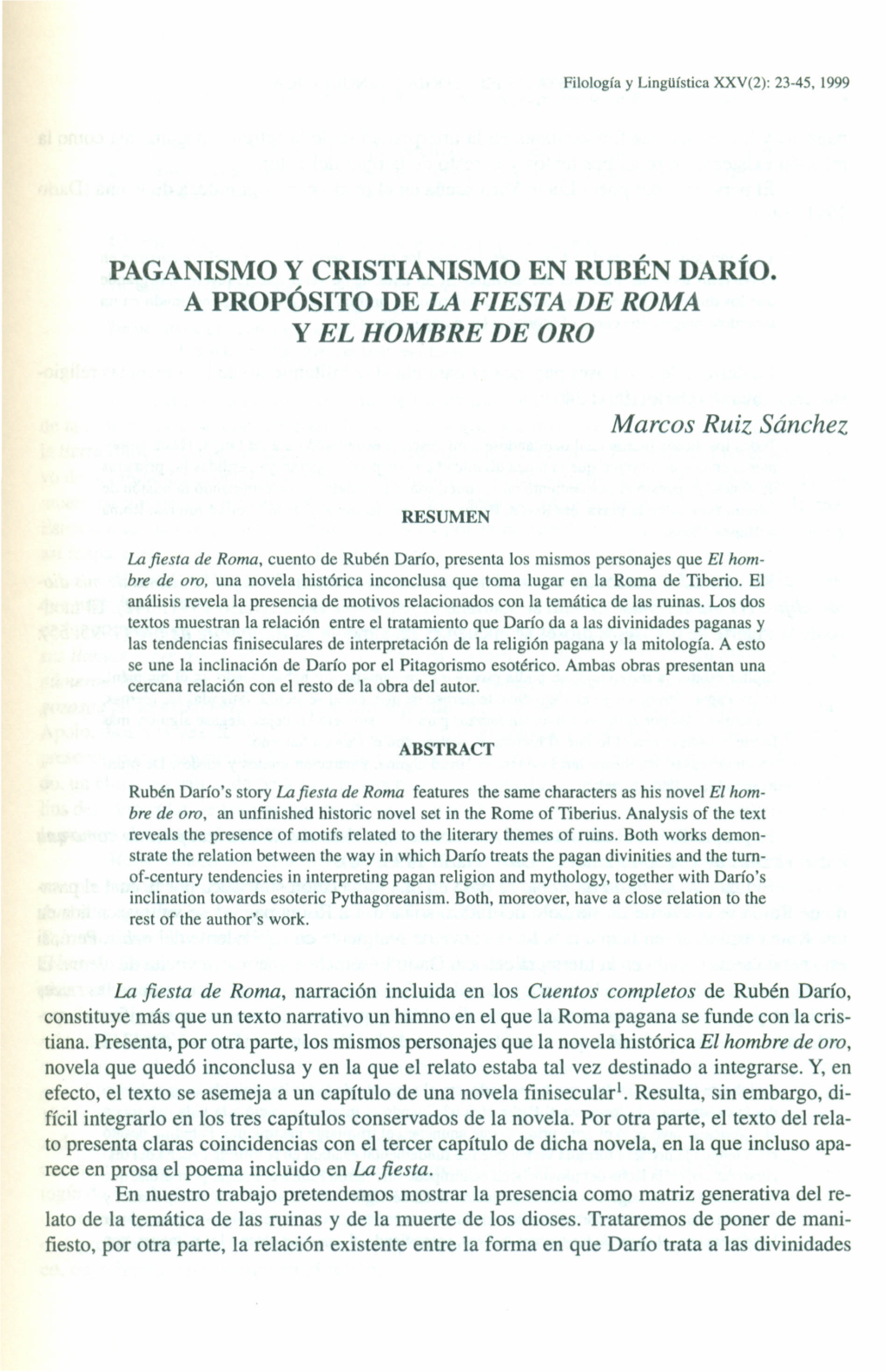 Paganismo Y Cristianismo En Rubén Darío. a Propósito De La Fiesta De Roma Y El Hombre De Oro