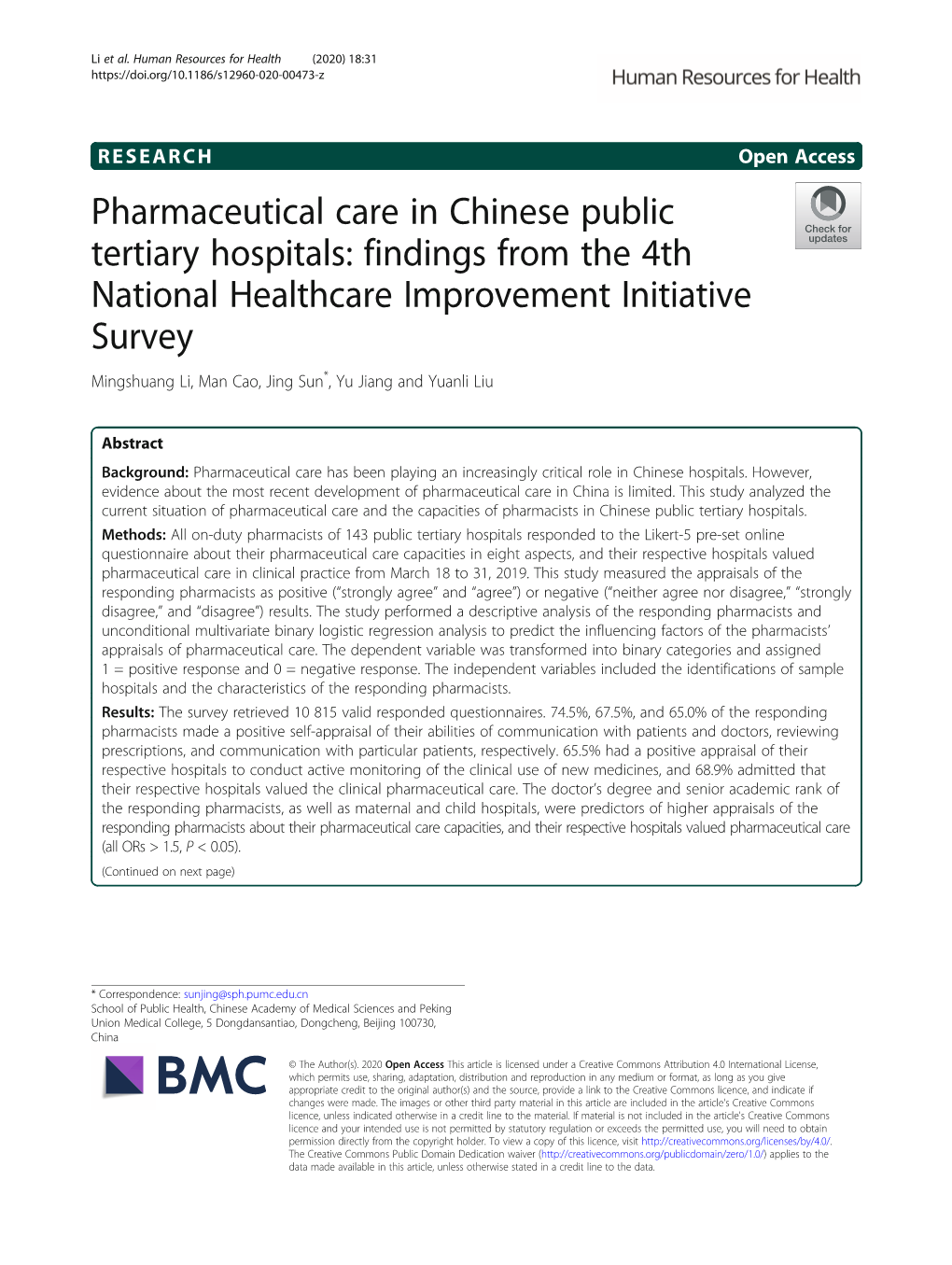 Pharmaceutical Care in Chinese Public Tertiary Hospitals