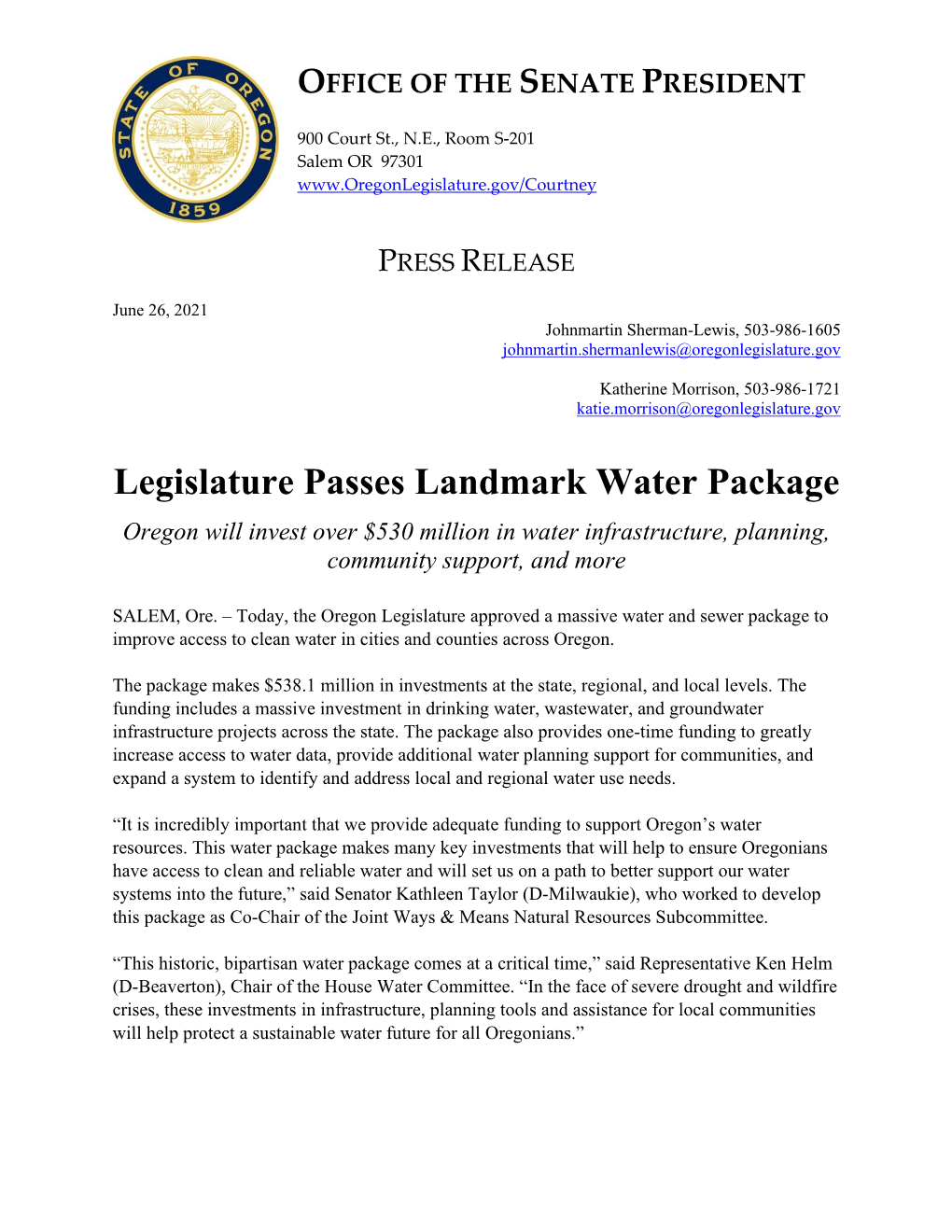 Legislature Passes Landmark Water Package