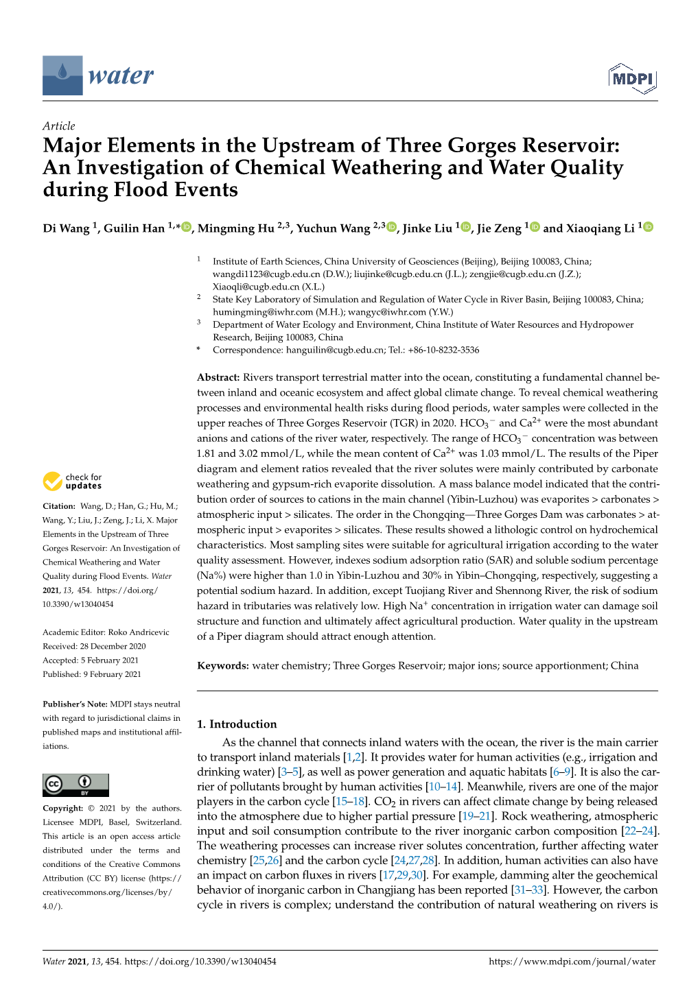 Major Elements in the Upstream of Three Gorges Reservoir: an Investigation of Chemical Weathering and Water Quality During Flood Events