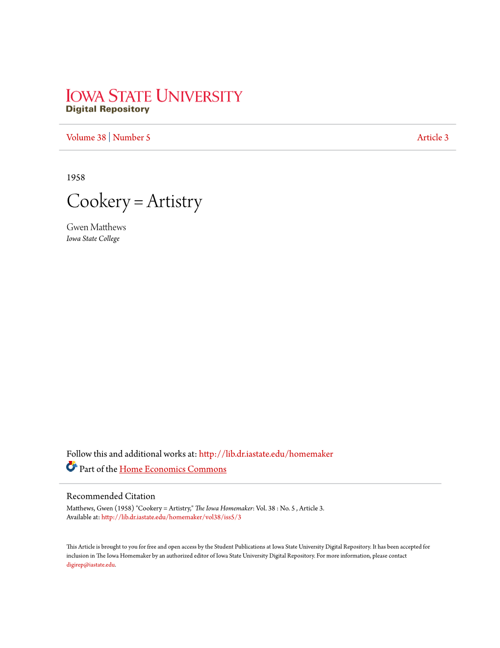 Cookery = Artistry Gwen Matthews Iowa State College