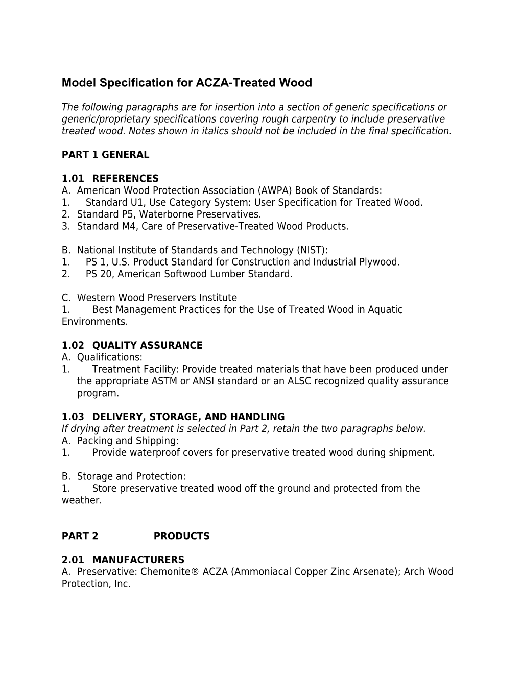 Model Specification for ACZA-Treated Wood