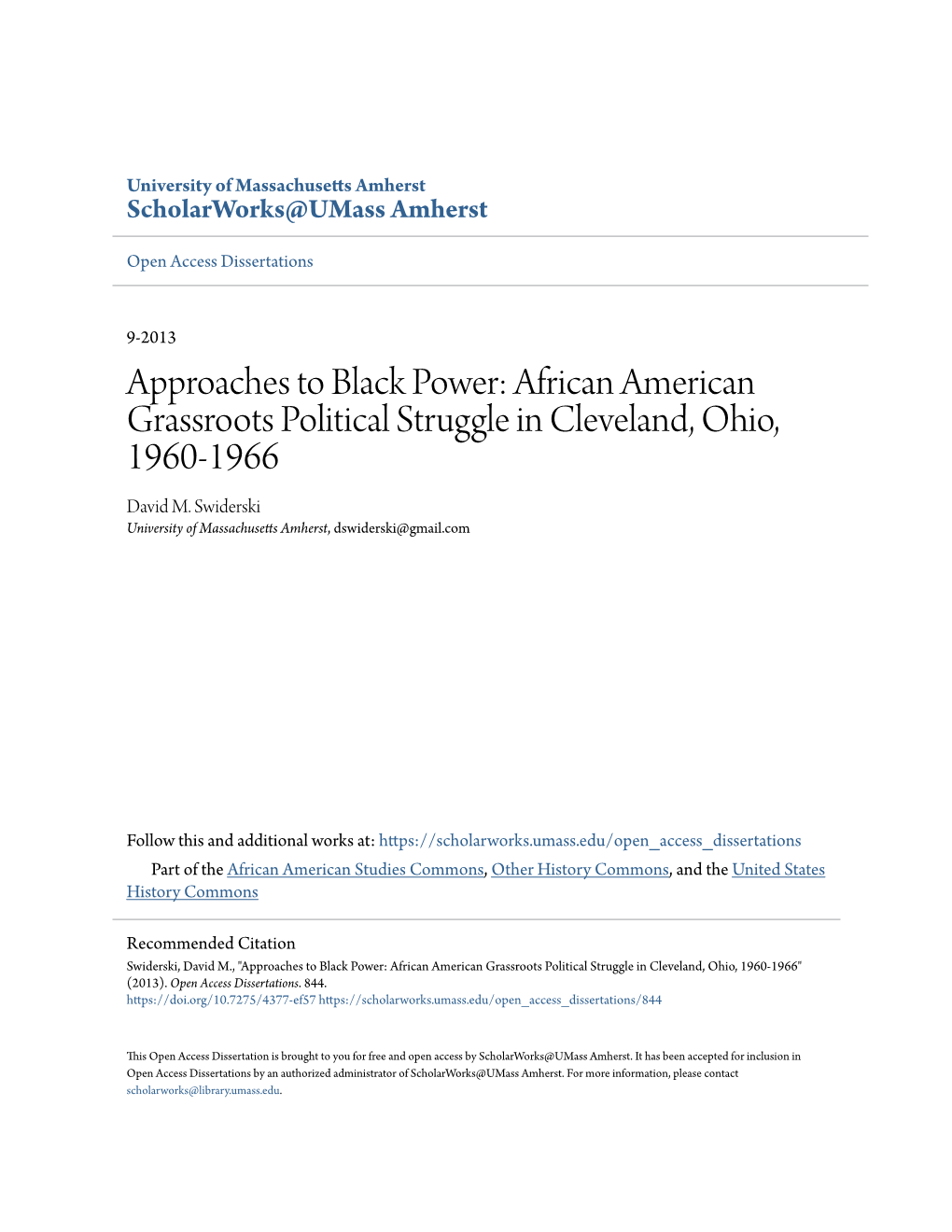 Approaches to Black Power: African American Grassroots Political Struggle in Cleveland, Ohio, 1960-1966 David M