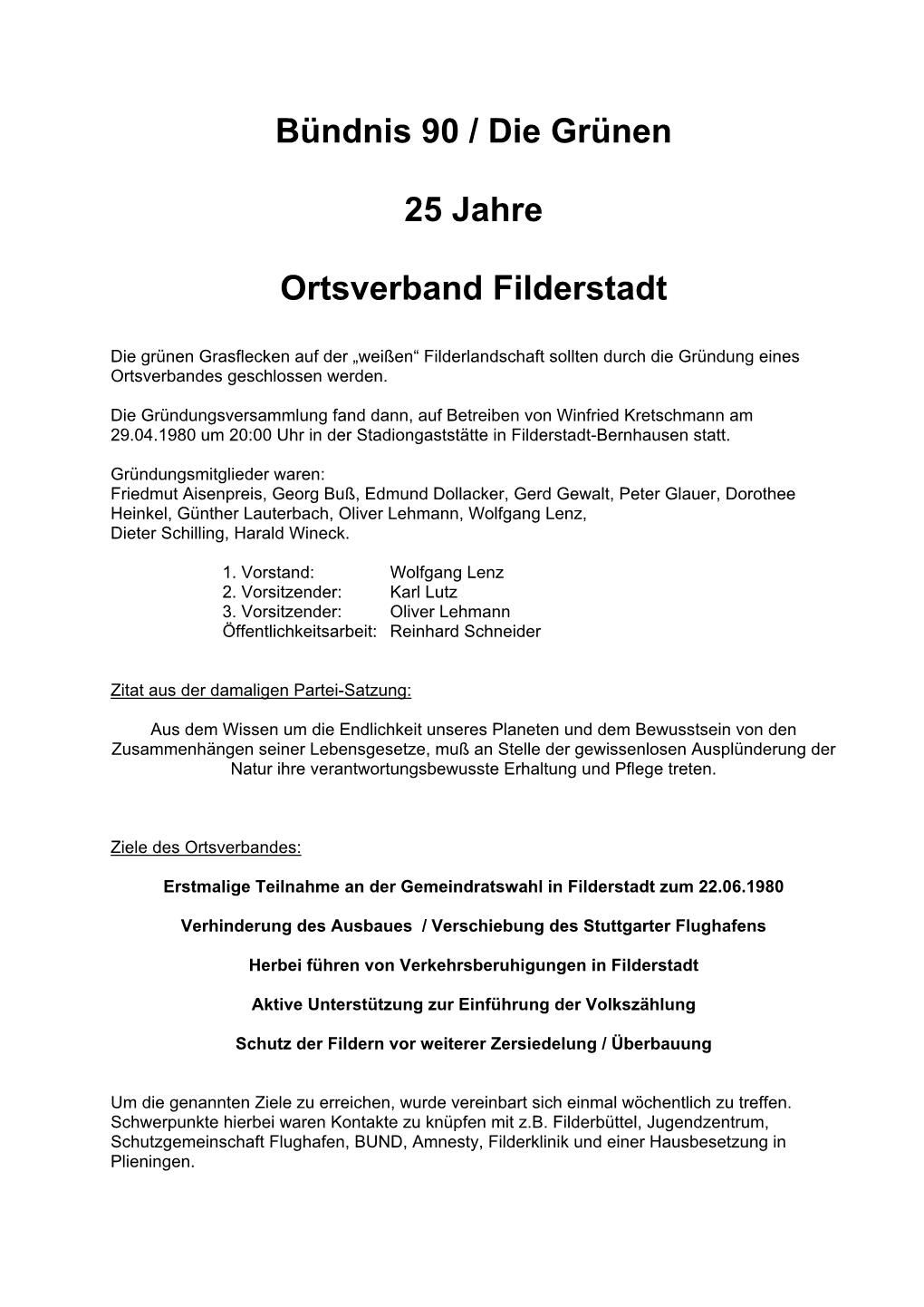 Bündnis 90 / Die Grünen 25 Jahre Ortsverband Filderstadt