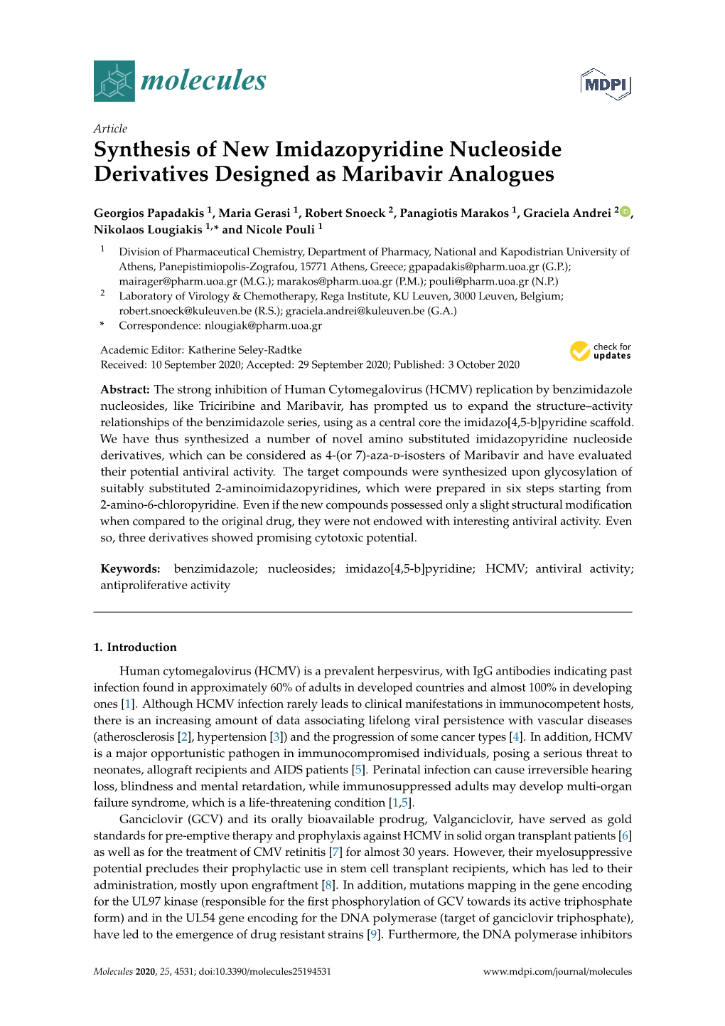 Synthesis of New Imidazopyridine Nucleoside Derivatives Designed As Maribavir Analogues