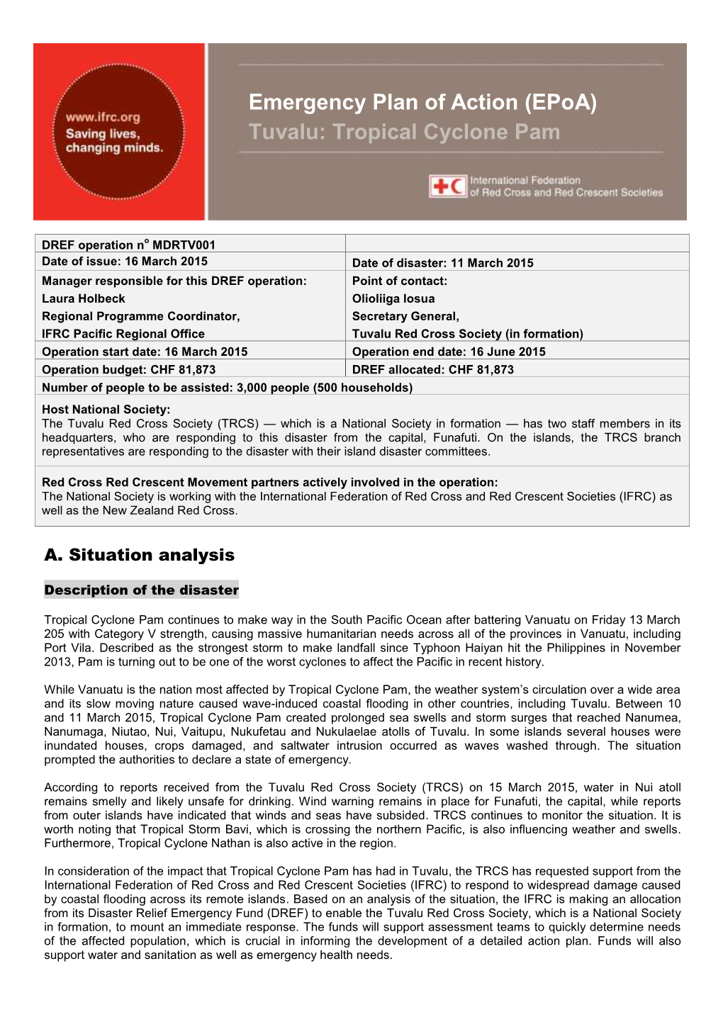 Emergency Plan of Action (Epoa) Tuvalu: Tropical Cyclone Pam