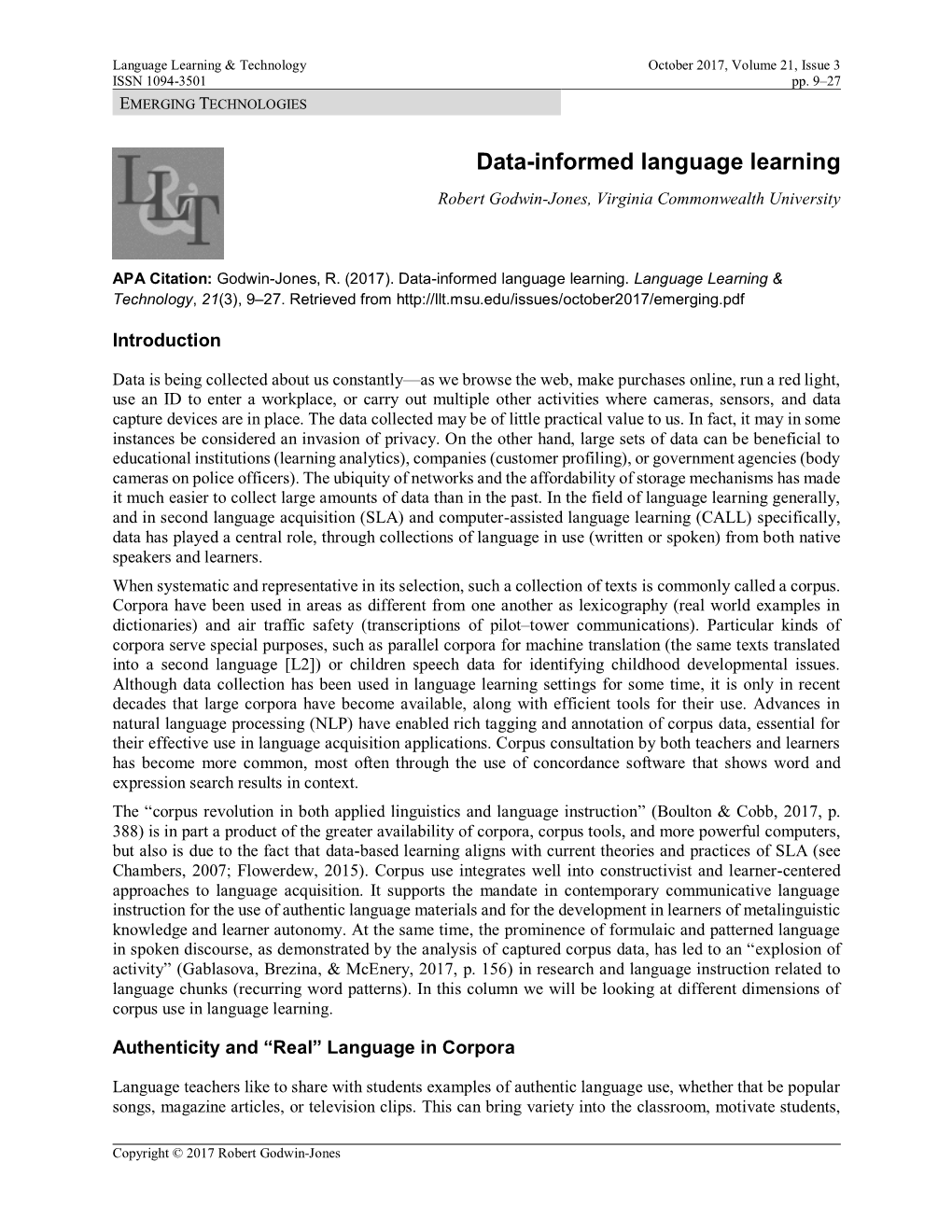 Data-Informed Language Learning Robert Godwin-Jones, Virginia Commonwealth University