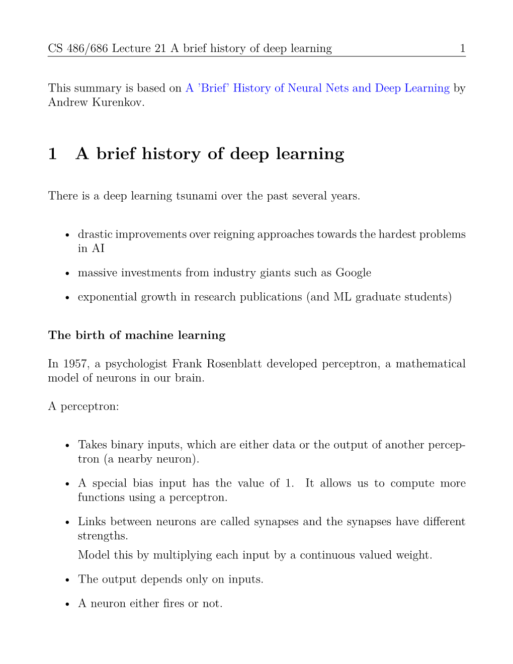 Notes on a Brief History of Deep Learning