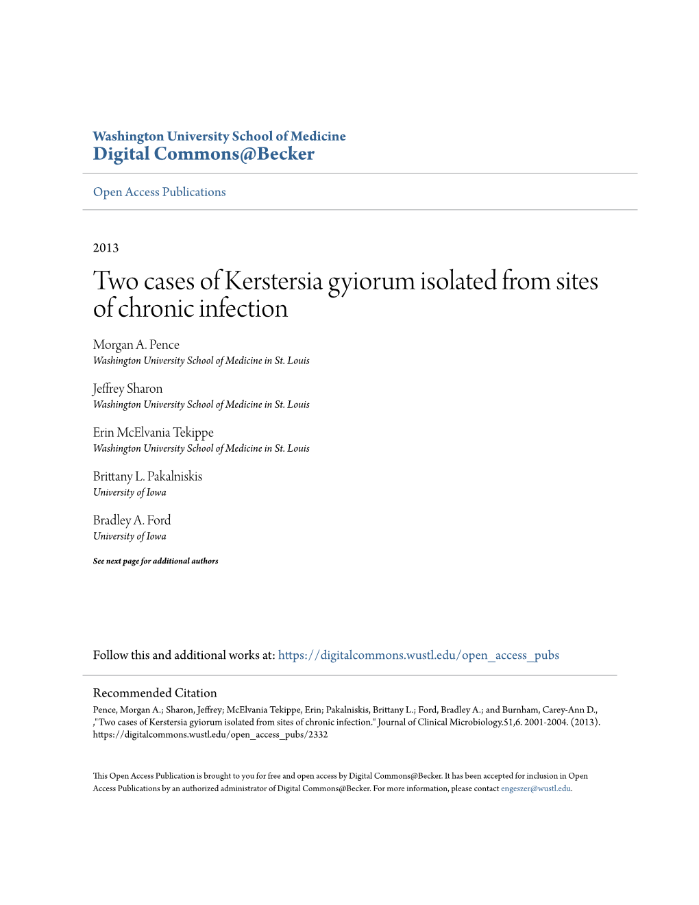 Two Cases of Kerstersia Gyiorum Isolated from Sites of Chronic Infection Morgan A