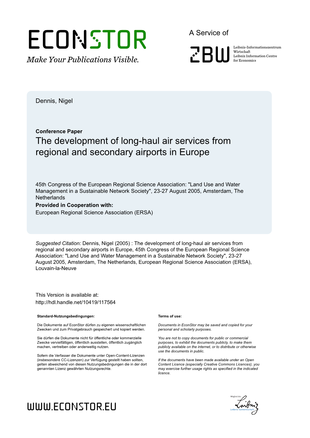 The Development of Long-Haul Air Services from Regional and Secondary Airports in Europe