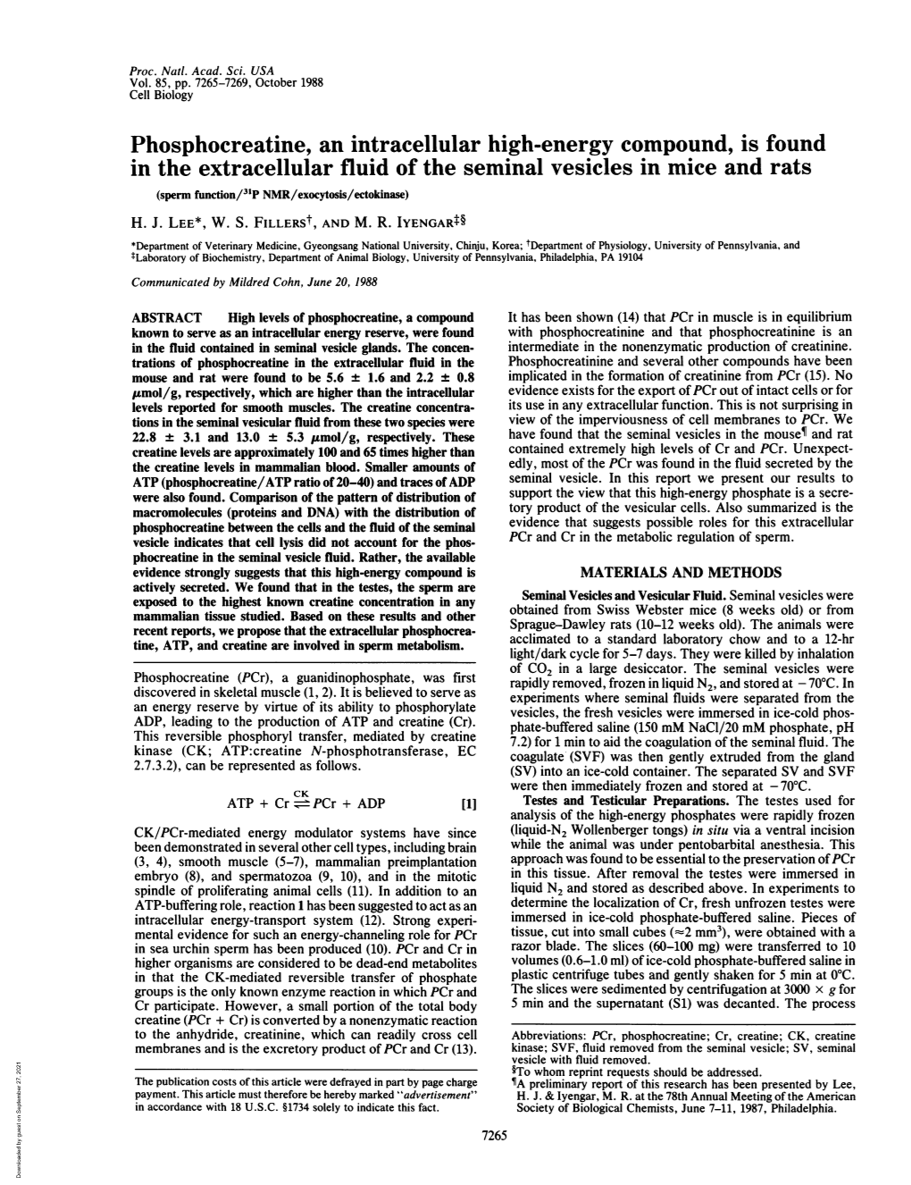 Phosphocreatine, an Intracellular High-Energy Compound, Is Found