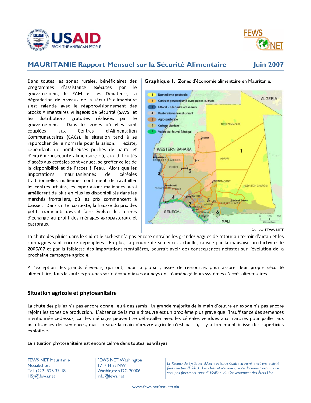 MAURITANIE Rapport Mensuel Sur La Sécurité Alimentaire Juin 2007