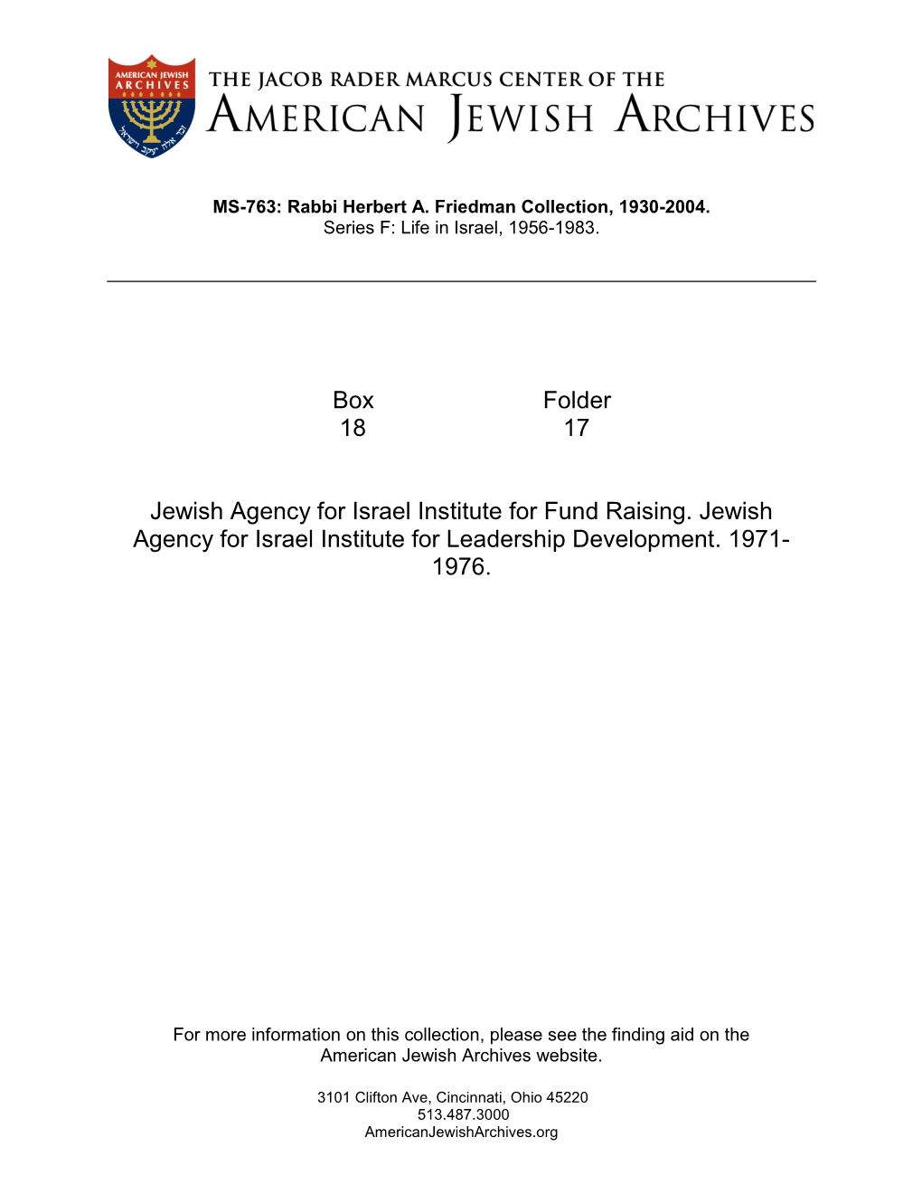 Box Folder 18 17 Jewish Agency for Israel Institute for Fund Raising