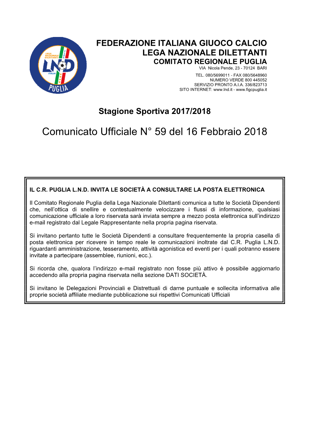 Comunicato Ufficiale N° 59 Del 16 Febbraio 2018