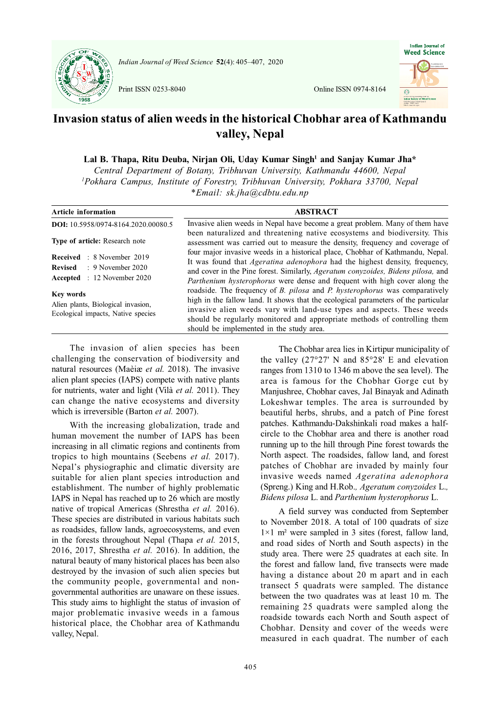 Invasion Status of Alien Weeds in the Historical Chobhar Area of Kathmandu Valley, Nepal