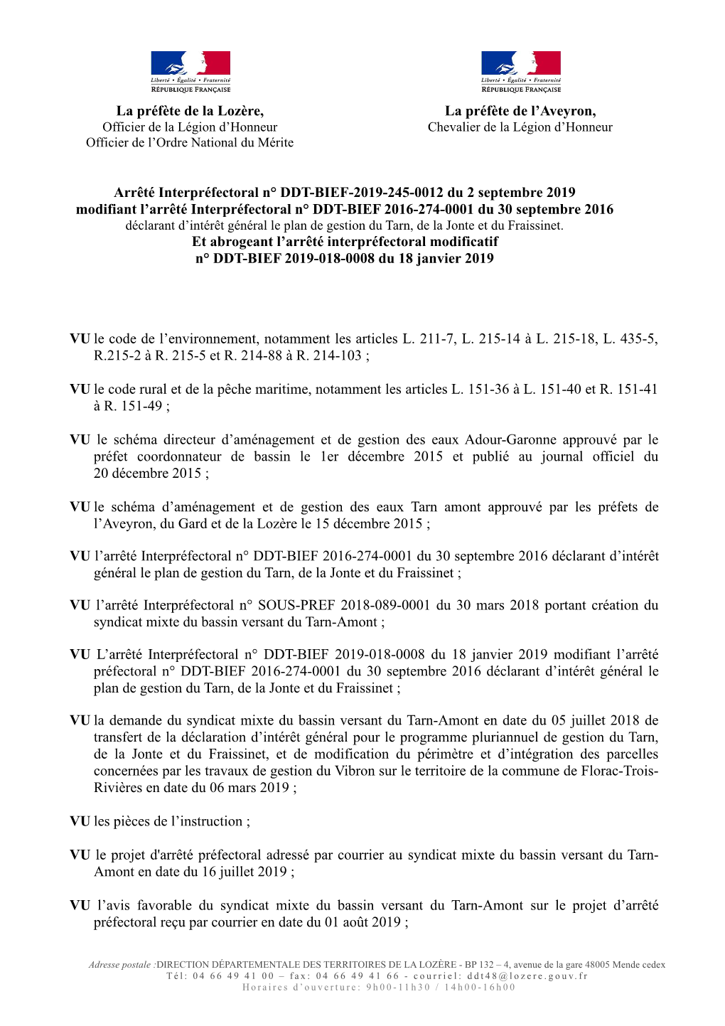 La Préfète De La Lozère, La Préfète De L'aveyron, Arrêté Interpréfectoral N° DDT-BIEF-2019-245-0012 Du 2 Septembre 20