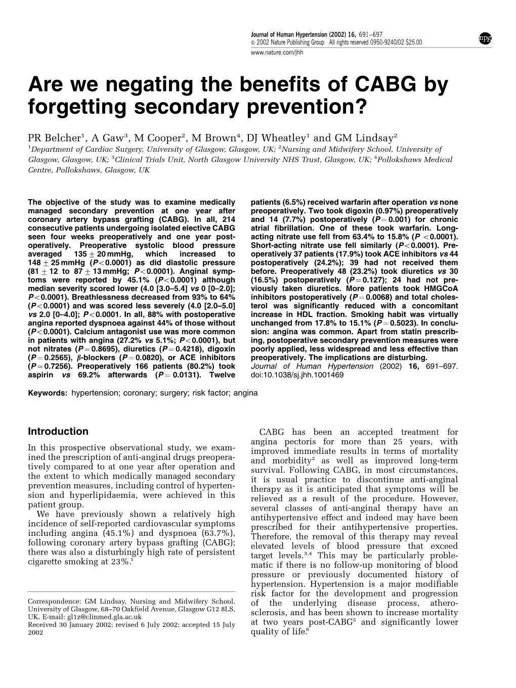 Are We Negating the Benefits of CABG by Forgetting Secondary Prevention?