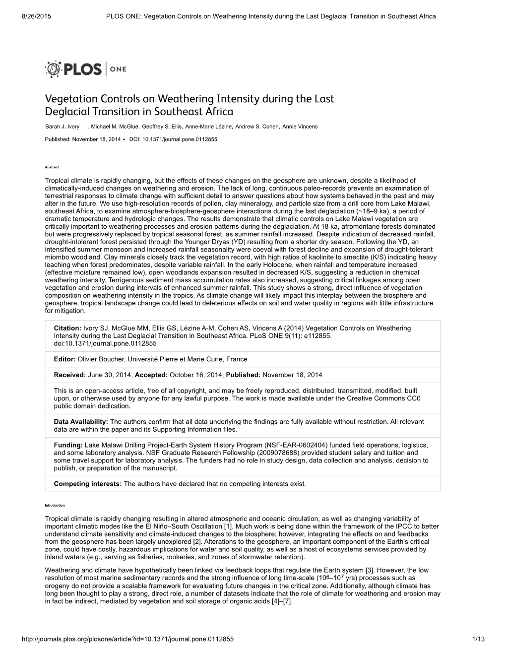 Vegetation Controls on Weathering Intensity During the Last Deglacial Transition in Southeast Africa