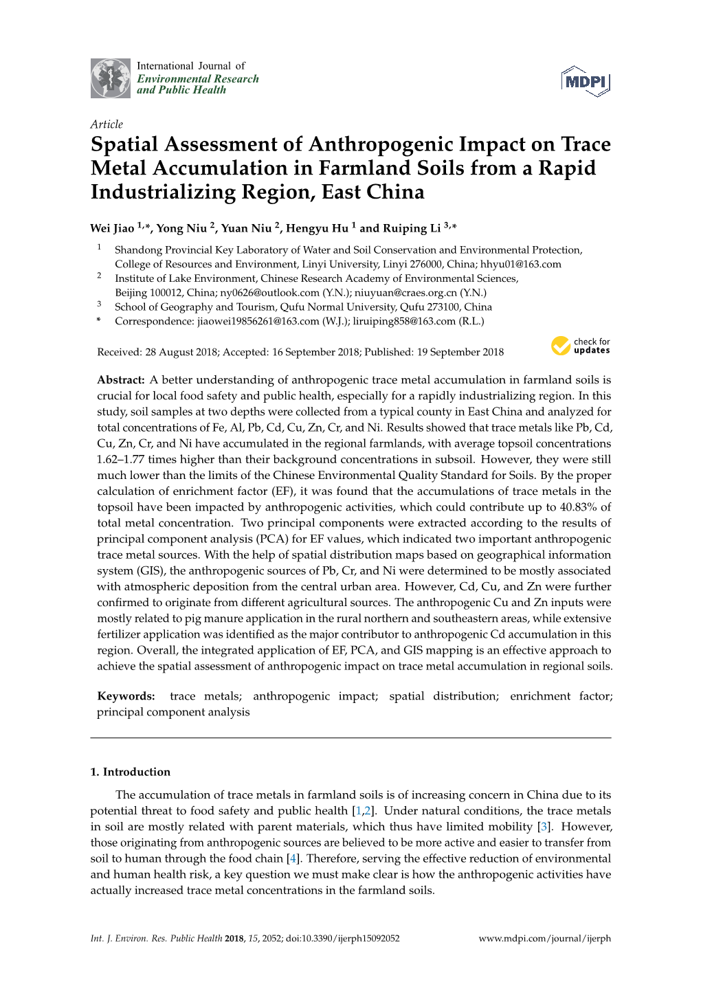 Spatial Assessment of Anthropogenic Impact on Trace Metal Accumulation in Farmland Soils from a Rapid Industrializing Region, East China