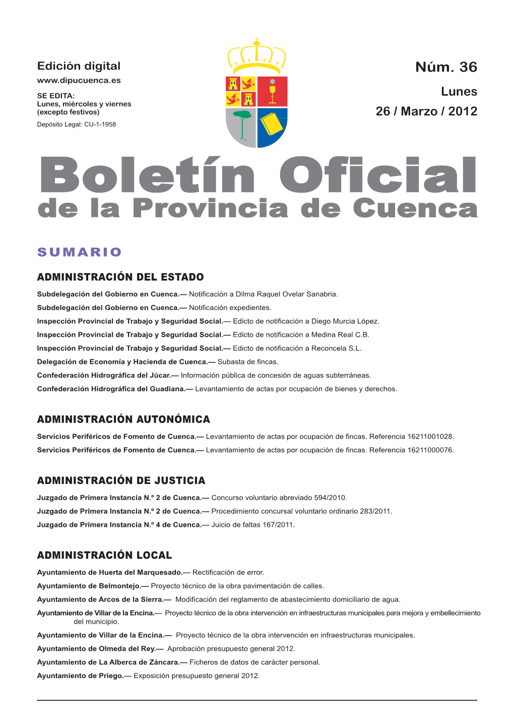 Boletín Oficial De La Provincia De Cuenca Sumario Administración Del Estado