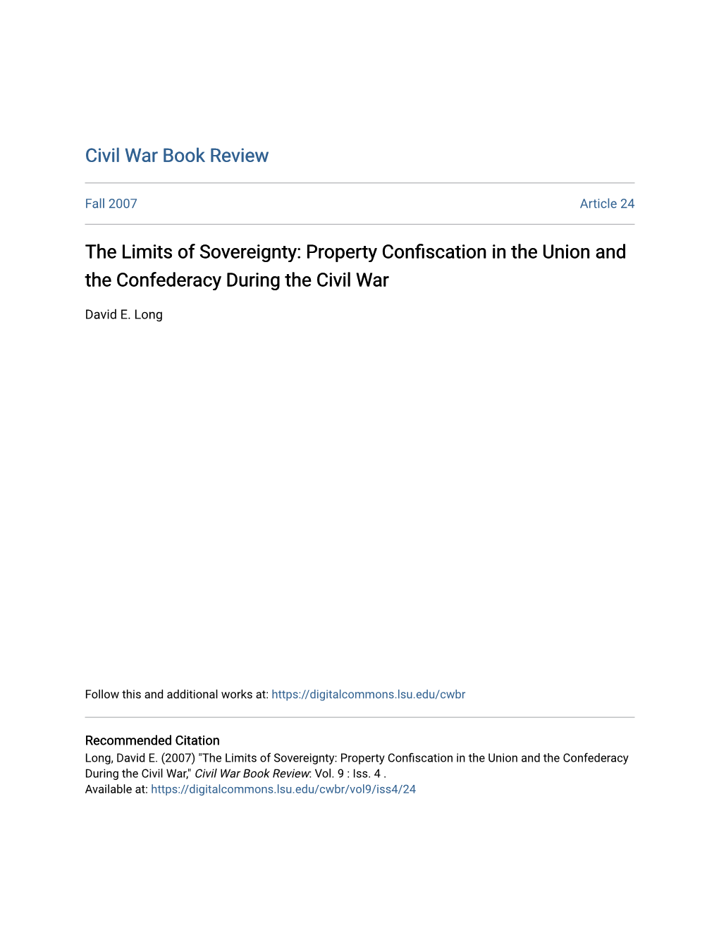 The Limits of Sovereignty: Property Confiscation in the Union and the Confederacy During the Civil War
