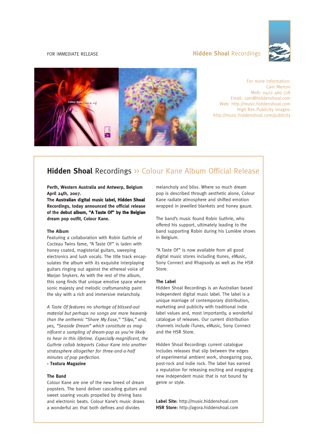 Hidden Shoal Recordings &gt;&gt; Colour Kane Album Official Release