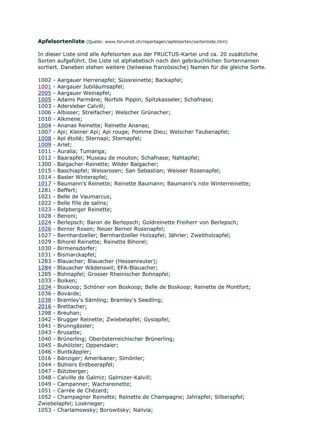 In Dieser Liste Sind Alle Apfelsorten Aus Der FRUCTUS-Kartei Und Ca