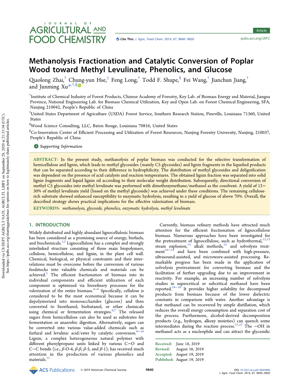 Methanolysis Fractionation and Catalytic Conversion of Poplar