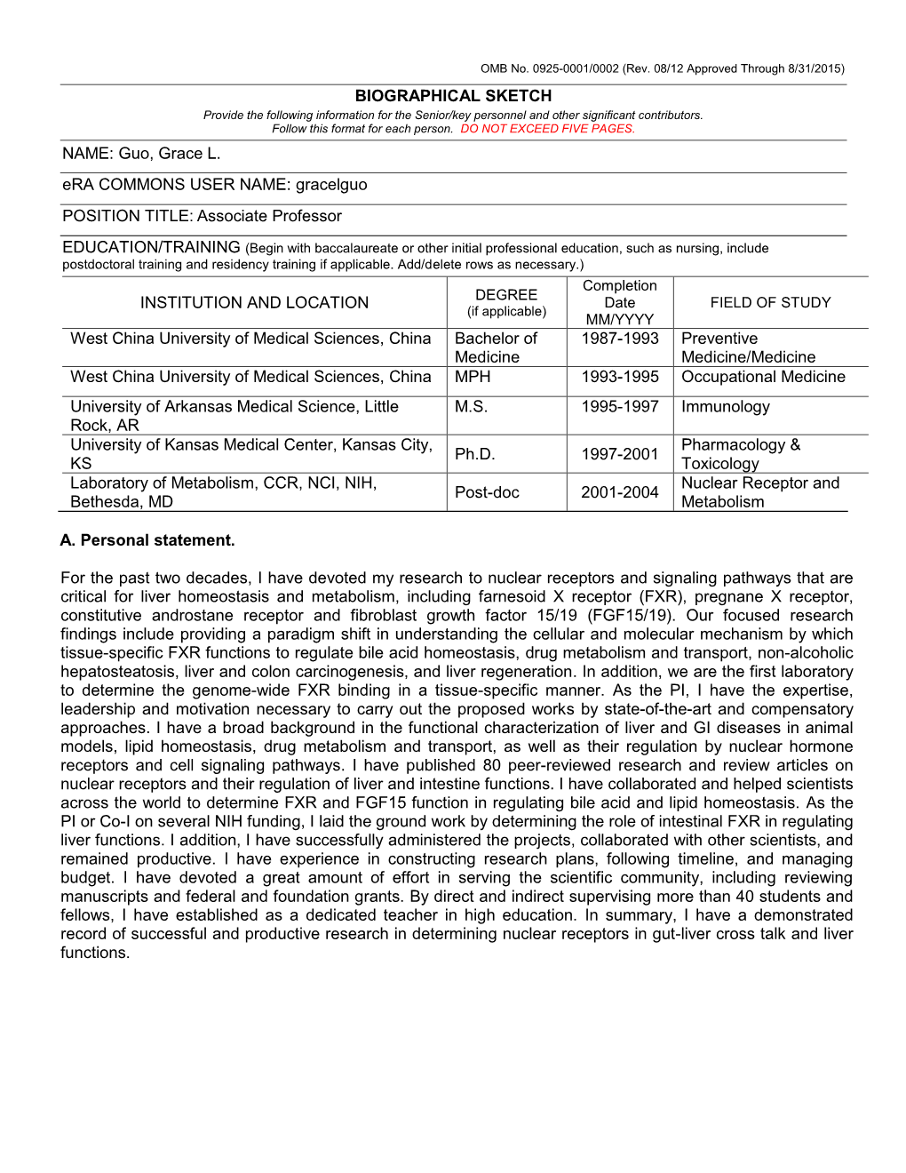 PHS 398 (Rev. 9/04), Biographical Sketch Format Page