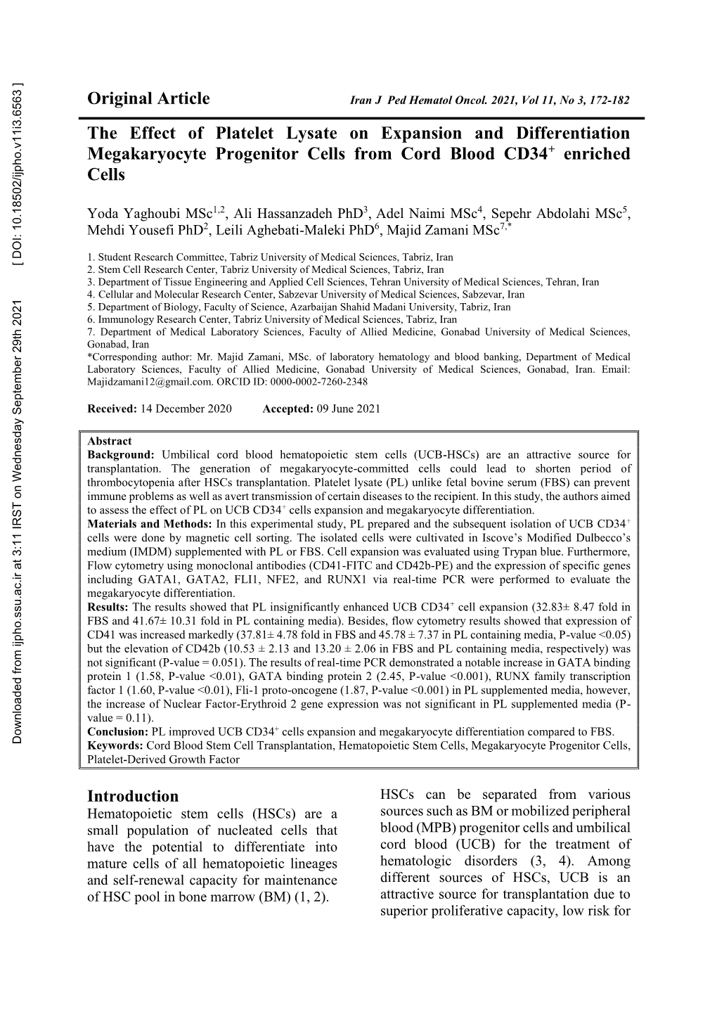 The Effect of Platelet Lysate on Expansion and Differentiation Megakaryocyte Progenitor Cells from Cord Blood CD34+ Enriched Cells