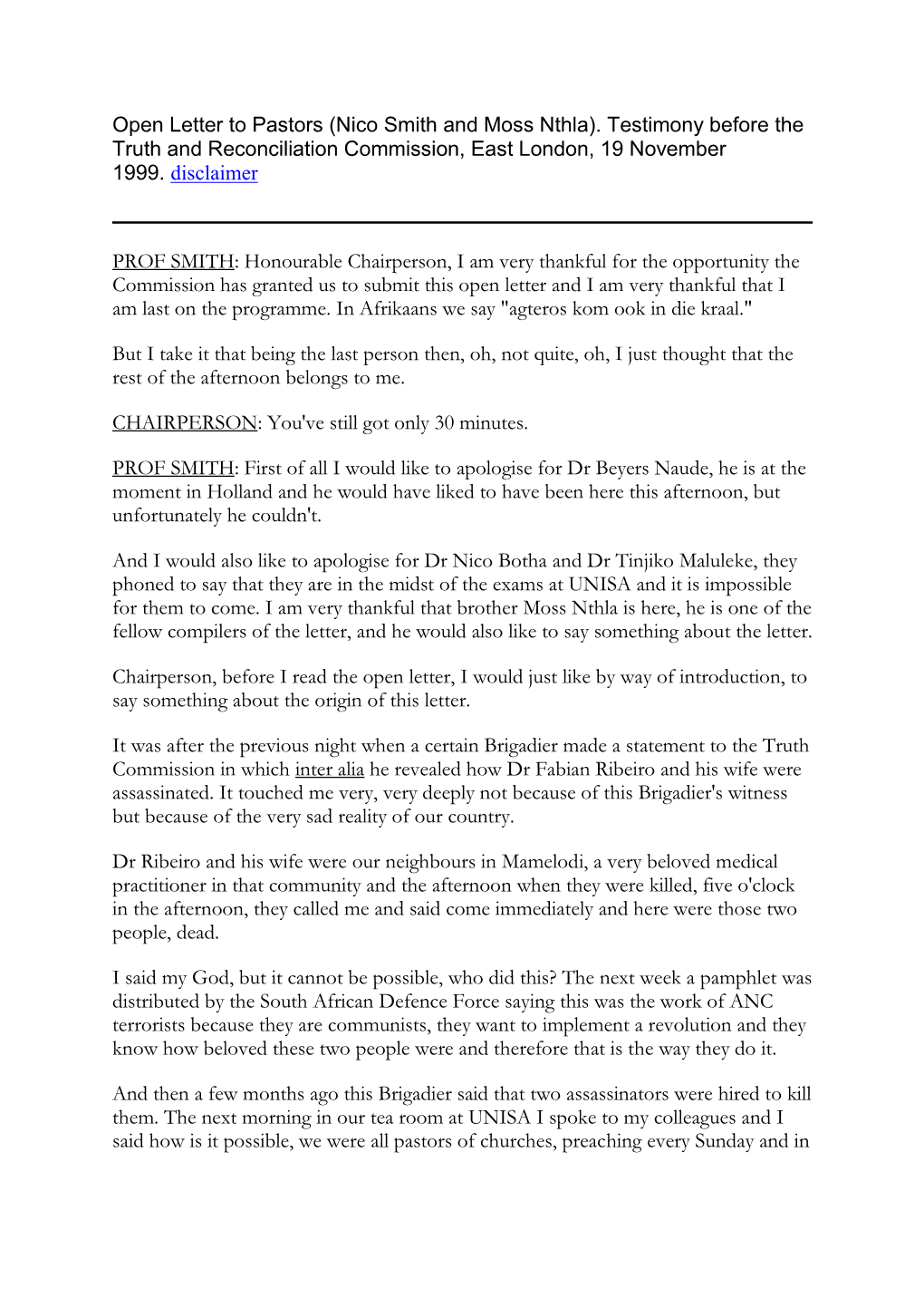 Open Letter to Pastors (Nico Smith and Moss Nthla). Testimony Before the Truth and Reconciliation Commission, East London, 19 November 1999