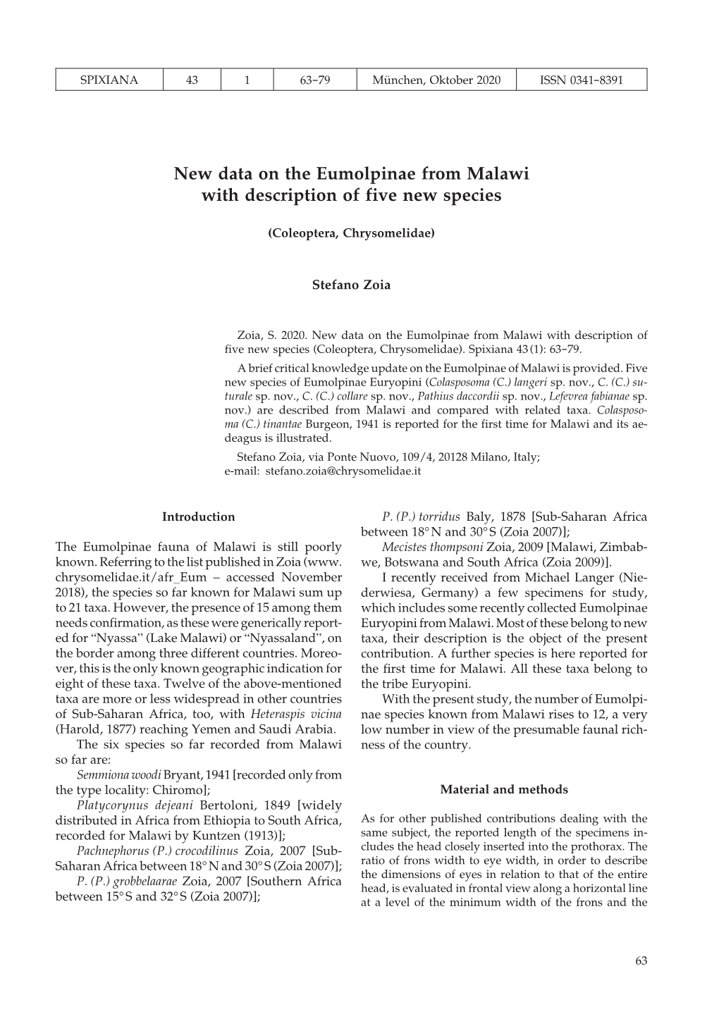 New Data on the Eumolpinae from Malawi with Description of Five New Species