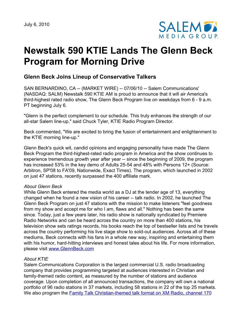 Newstalk 590 KTIE Lands the Glenn Beck Program for Morning Drive