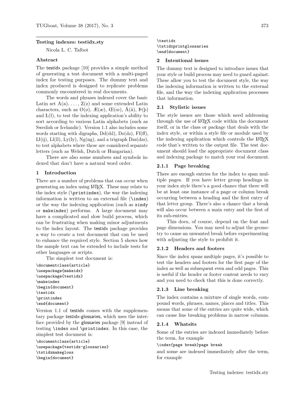 Testing Indexes: Testidx.Sty \Testidx \Tstidxprintglossaries Nicola L