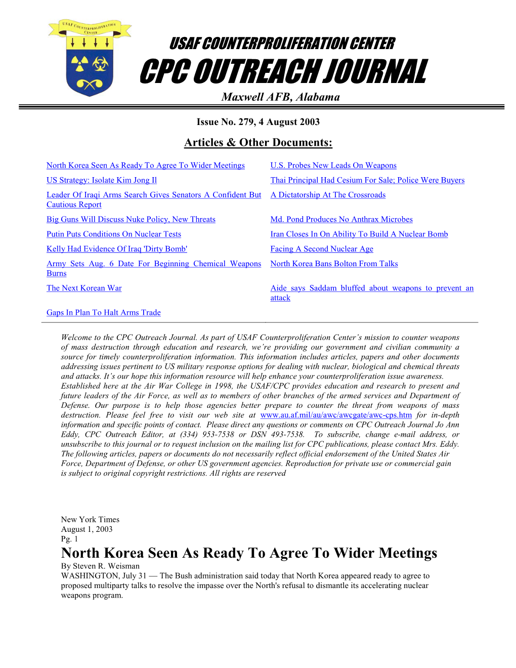 USAF Counterproliferation Center CPC Outreach Journal #279