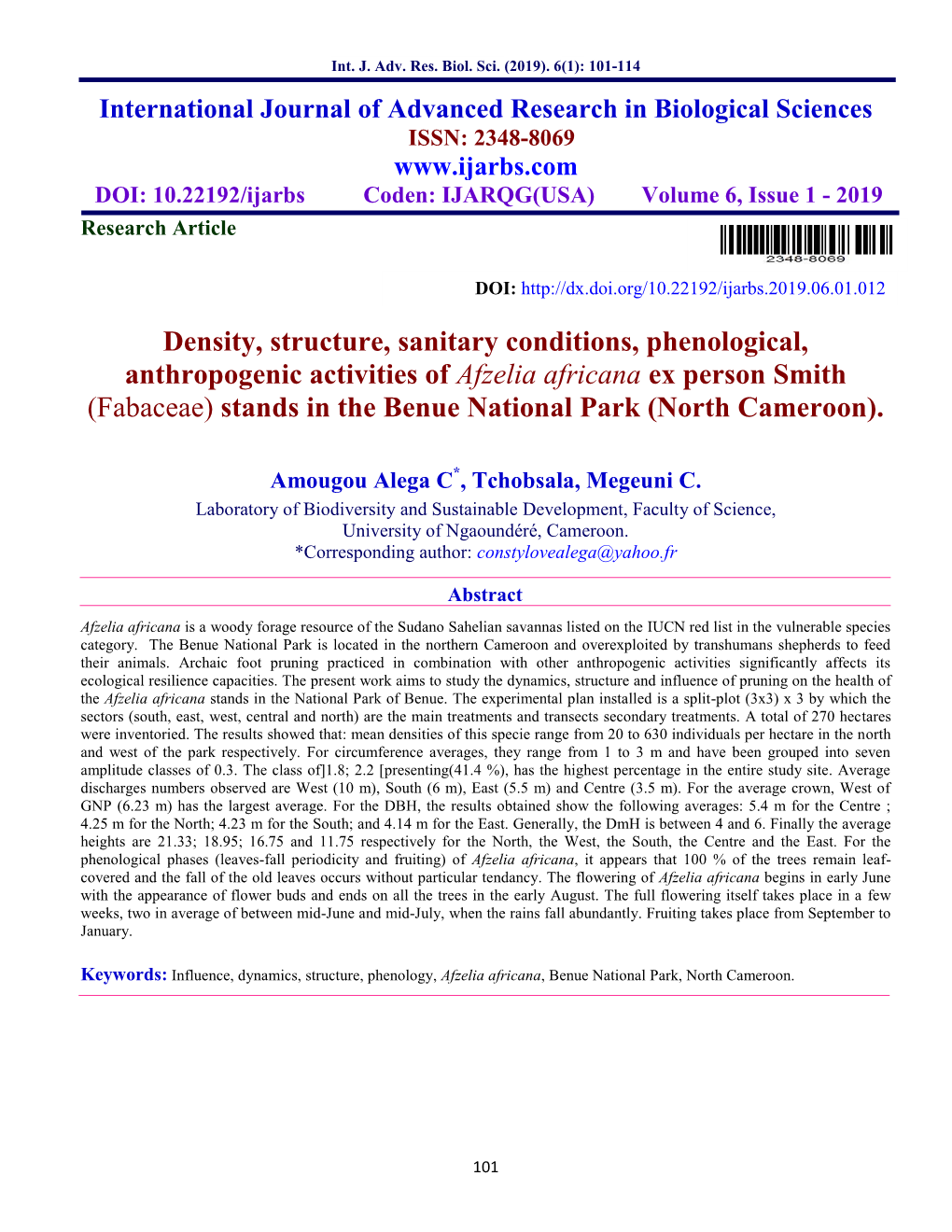 Density, Structure, Sanitary Conditions, Phenological, Anthropogenic Activities of Afzelia Africana Ex Person Smith (Fabaceae) S