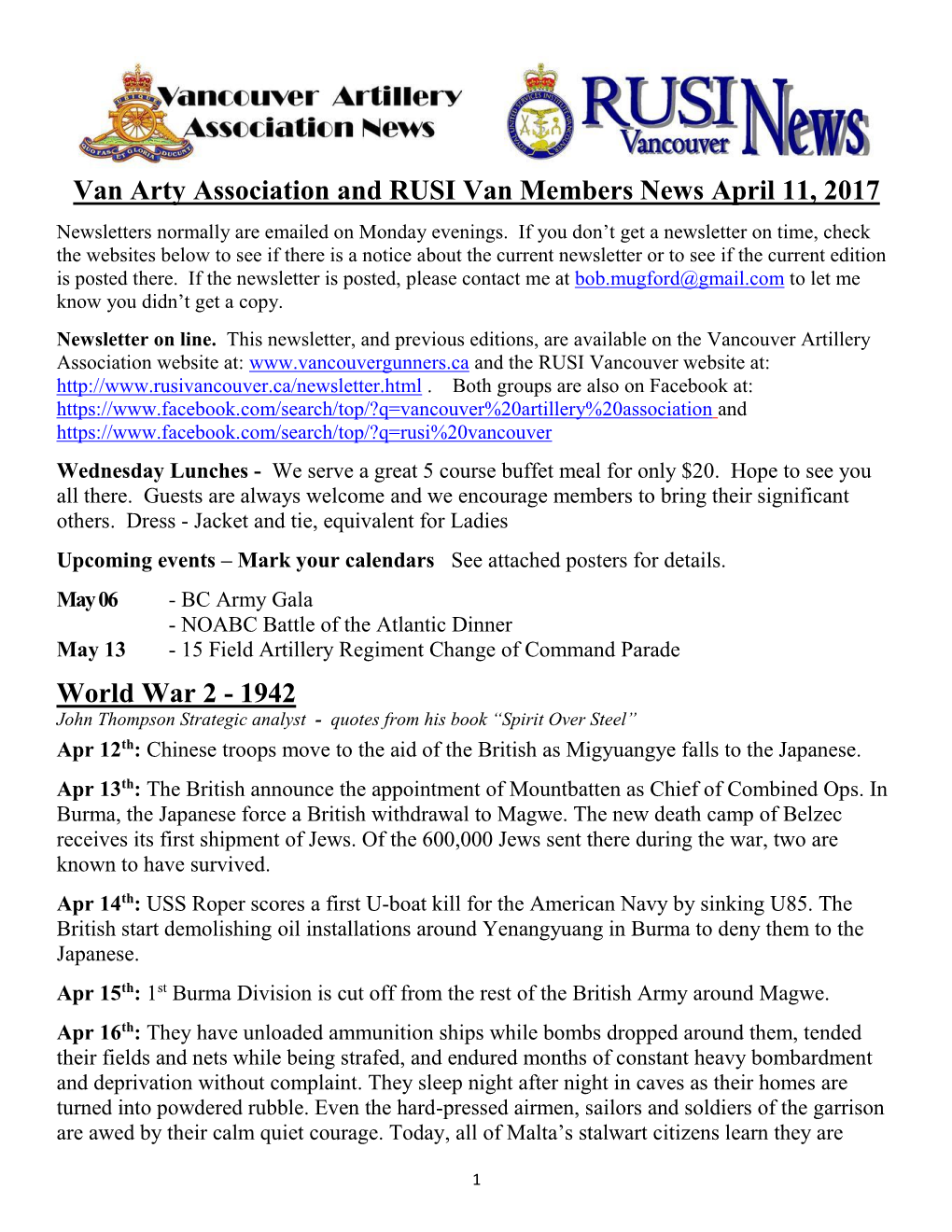 Van Arty Association and RUSI Van Members News April 11, 2017 World War 2