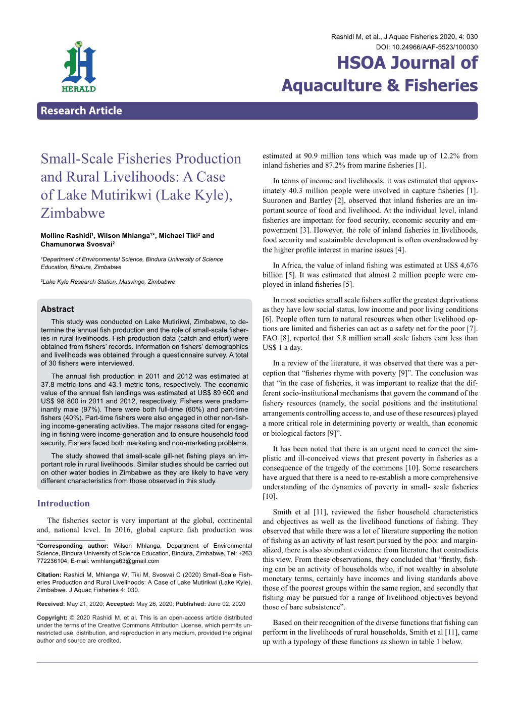 Small-Scale Fisheries Production and Rural Livelihoods: a Case of Lake Mutirikwi (Lake Kyle), Zimbabwe