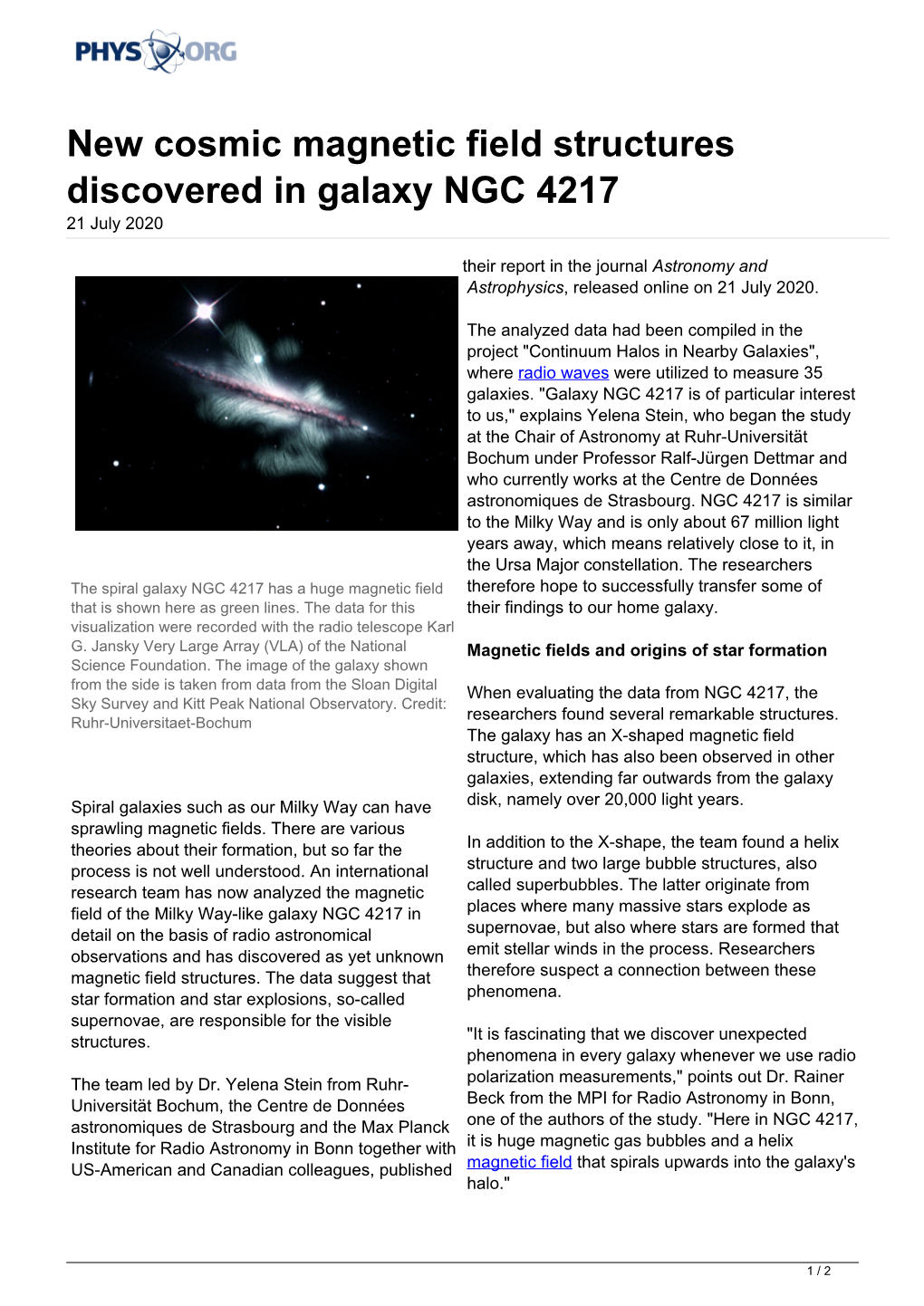 New Cosmic Magnetic Field Structures Discovered in Galaxy NGC 4217 21 July 2020