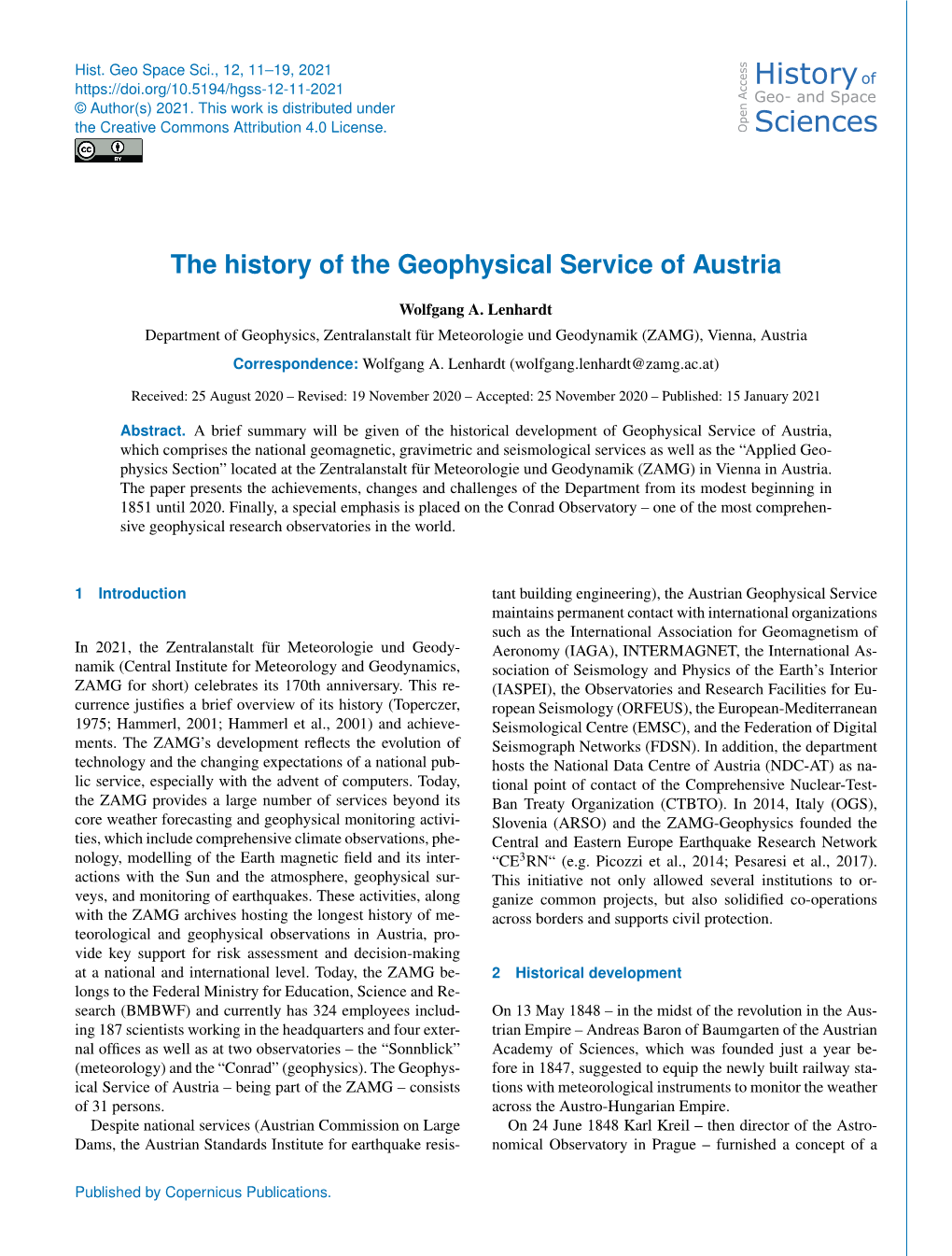 The History of the Geophysical Service of Austria