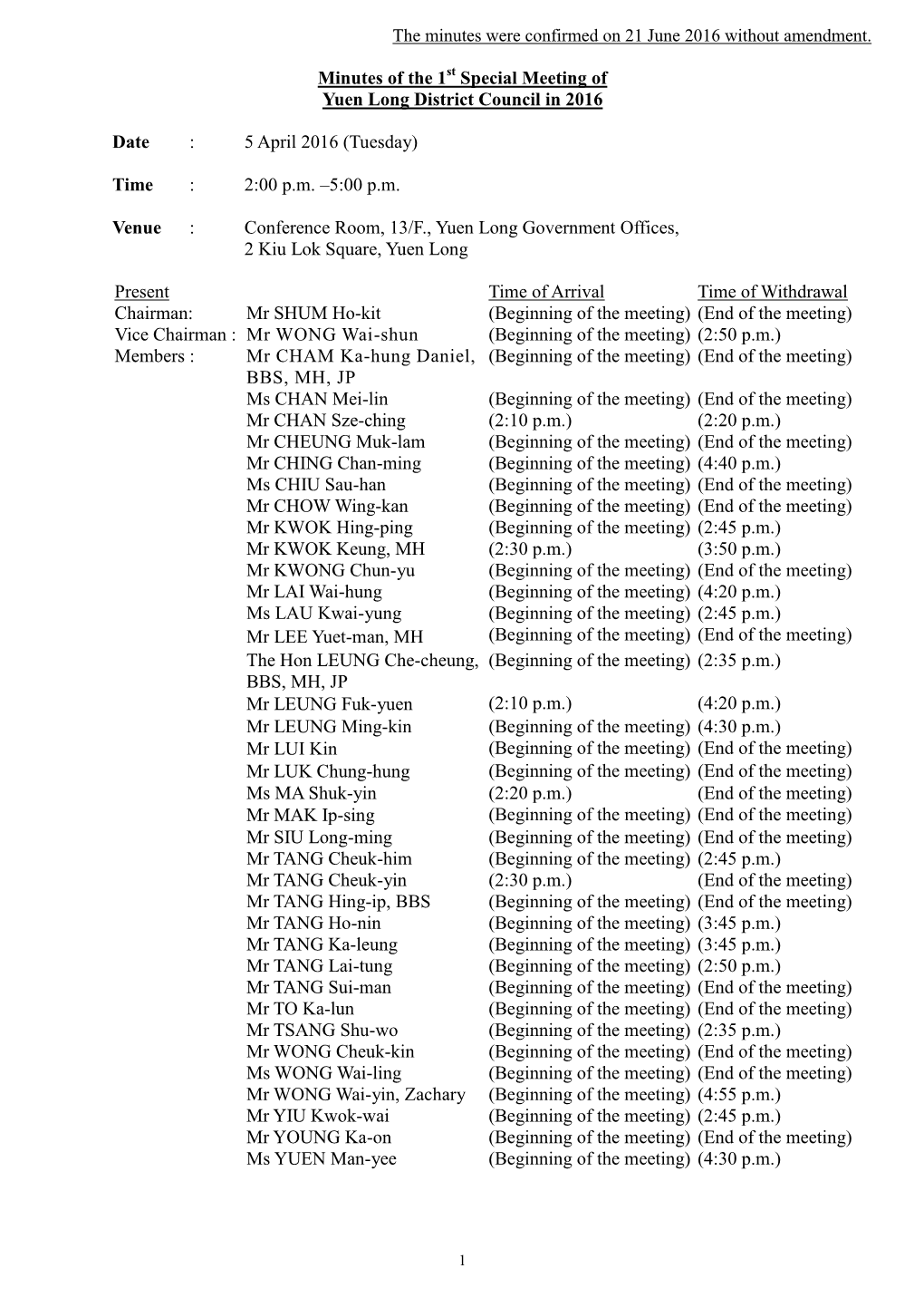 Minutes of the 1 Special Meeting of Yuen Long District Council in 2016