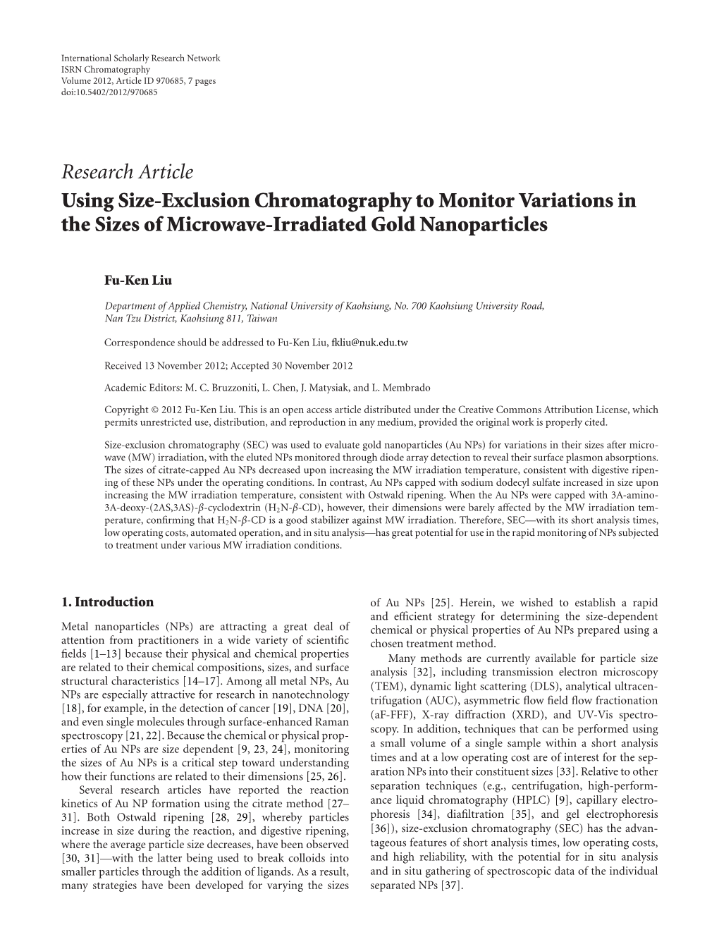 Using Size-Exclusion Chromatography to Monitor Variations in the Sizes of Microwave-Irradiated Gold Nanoparticles