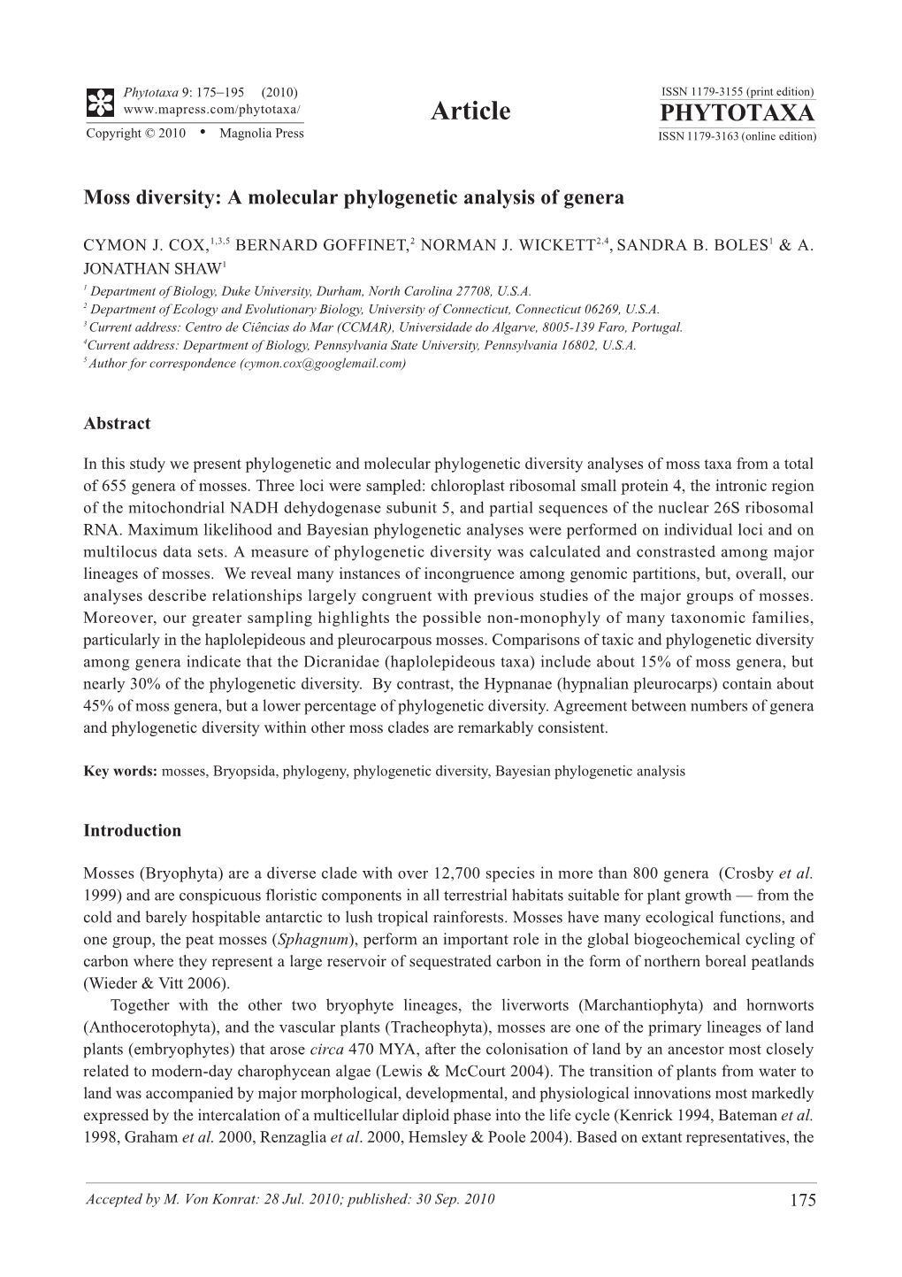 A Molecular Phylogenetic Analysis of Genera