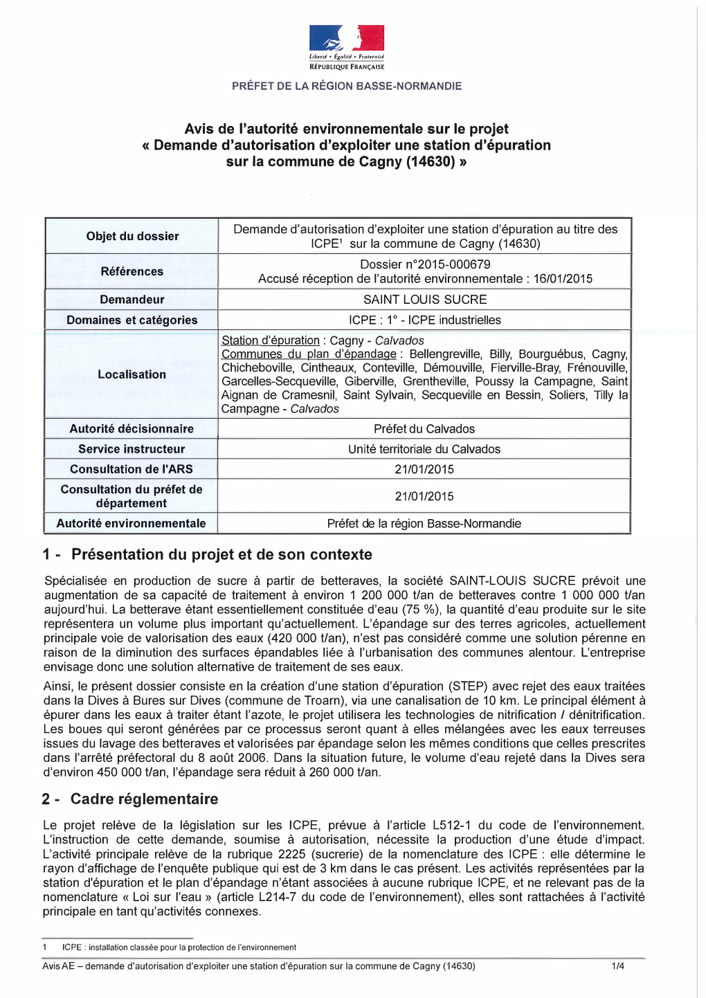 Avis De L'autorité Environnementale Sur Le Projet « Demande D'autorisation D'exploiter Une Station D'épuration Sur La Commune De Cagny (14630) »