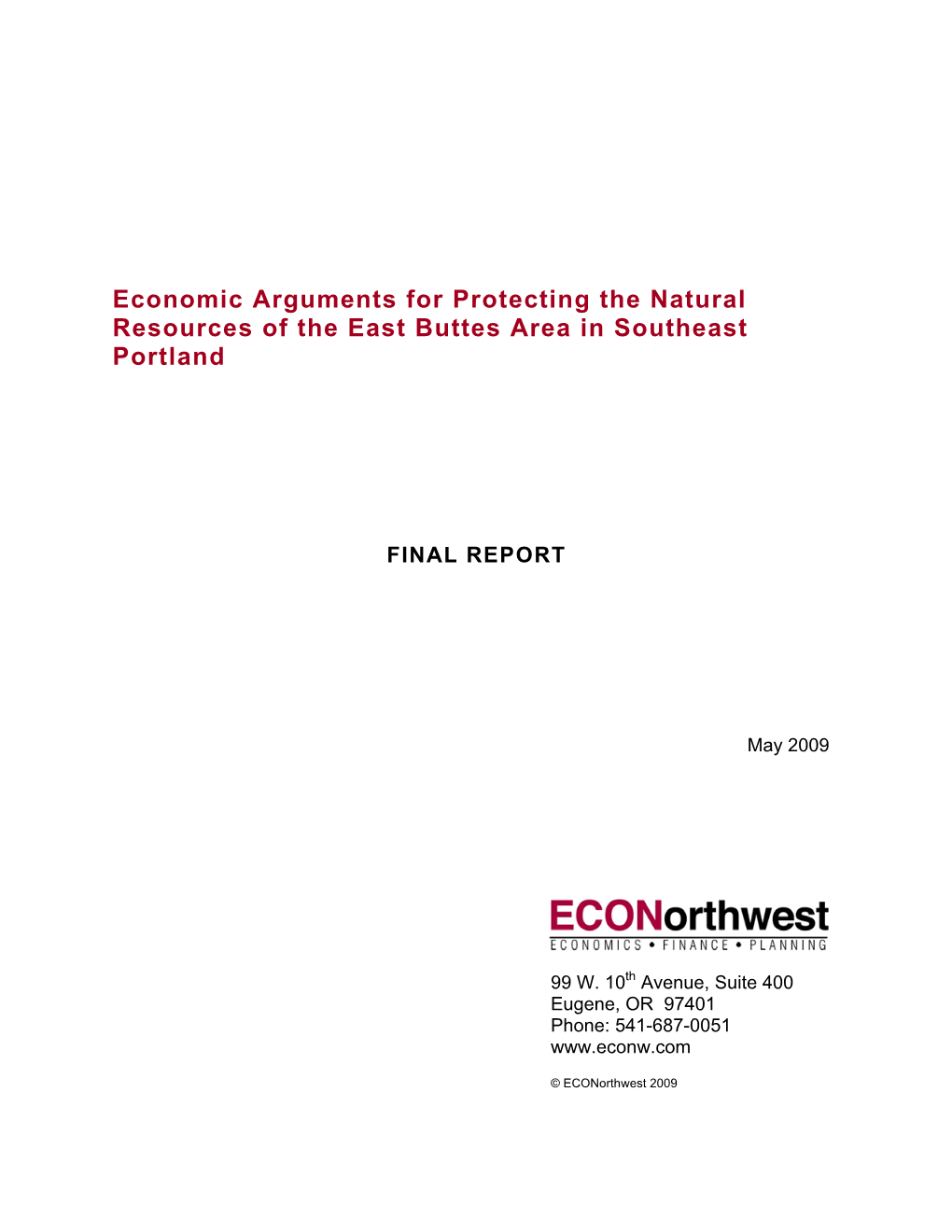 Economic Arguments for Protecting the Natural Resources of the East Buttes Area in Southeast Portland