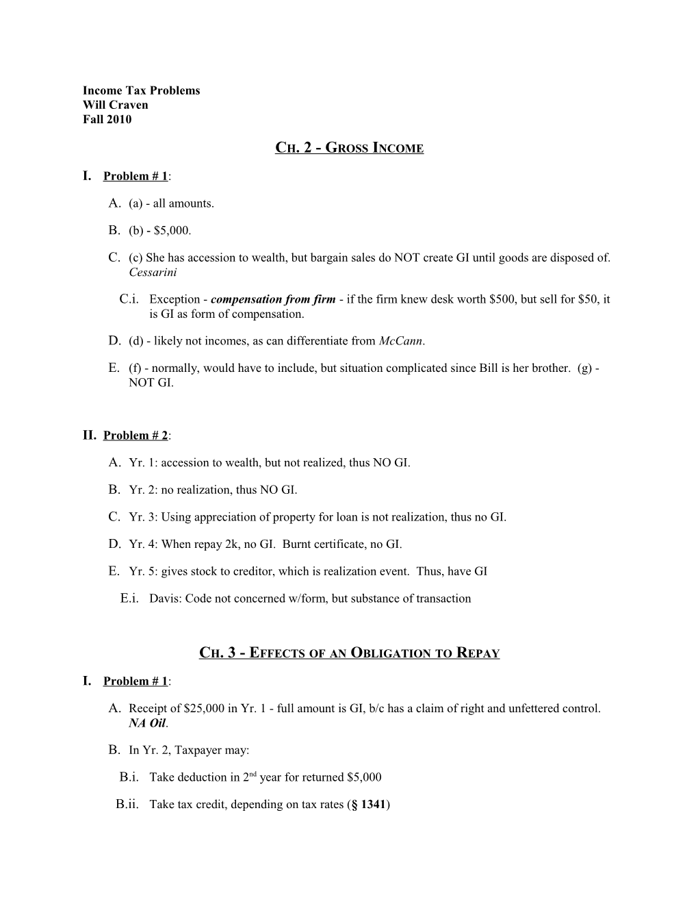 Income Tax Problems Will Craven Fall 2010