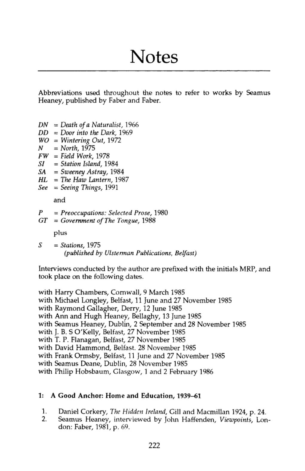 Abbreviations Used Throughout the Notes to Refer to Works by Seamus Heaney, Published by Faber and Faber