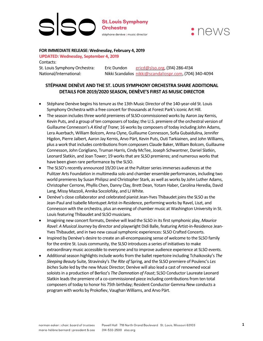 Stéphane Denève and the St. Louis Symphony Orchestra Share Additional Details for 2019/2020 Season, Denève’S First As Music Director