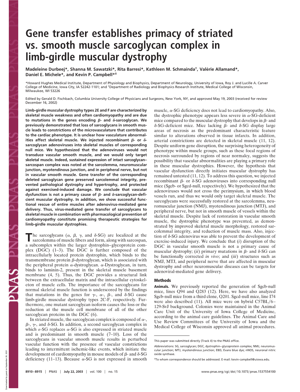 Gene Transfer Establishes Primacy of Striated Vs. Smooth Muscle Sarcoglycan Complex in Limb-Girdle Muscular Dystrophy