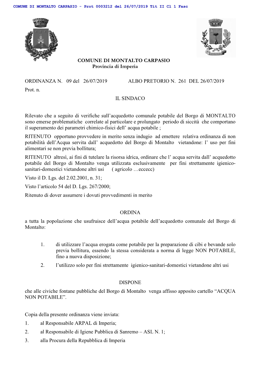 COMUNE DI Montalto CARPASIO Provincia Di Imperia ORDINANZA N